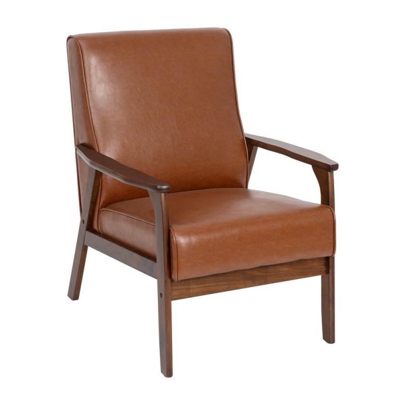 Langston Commercial Grade Leathersoft Upholstered Mid Century Modern Arm Chair, With Walnut Finished Wooden Frame And Arms In Cognac