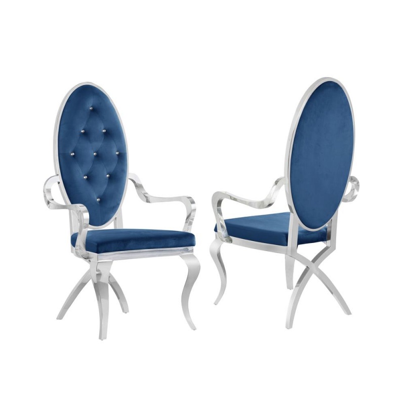 Navy Blue Velvet Tufted Arm Dining Chairs, Stainless Steel Legs - Set Of 2