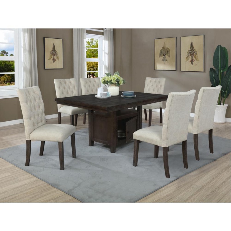 7Pc Dining Set W/Uph Chairs Tufted & Table W/Storage, Beige