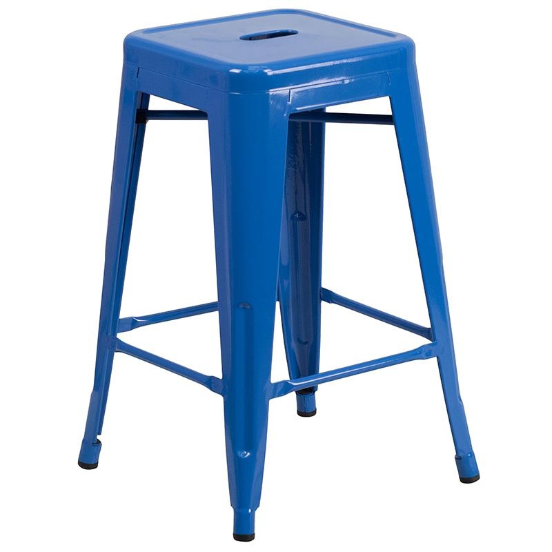 Flash Furniture 24" High Backless Blue Metal Indoor-Outdoor Counter-Height Stool with Seat