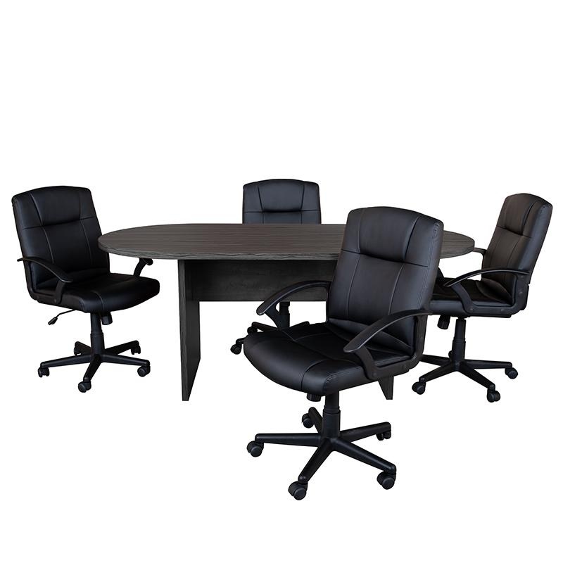 5 Piece Rustic Gray Oval Conference Table Set With 4 Black Leathersoft-Padded Task Chairs