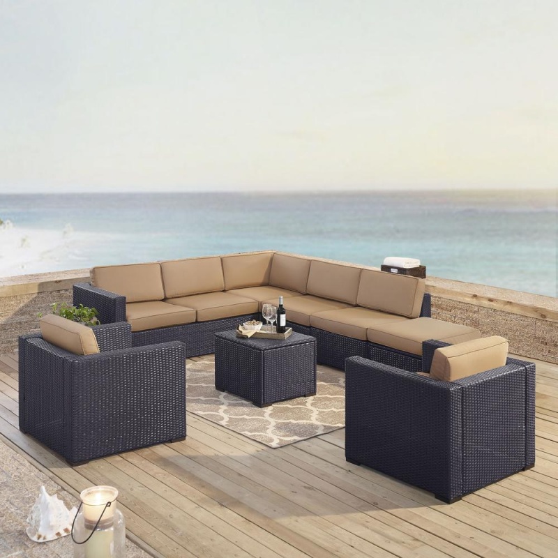 Biscayne 7Pc Outdoor Wicker Sectional Set Mocha/Brown - 2 Loveseats, 2 Arm Chairs, Armless Chair, Coffee Table, Ottoman