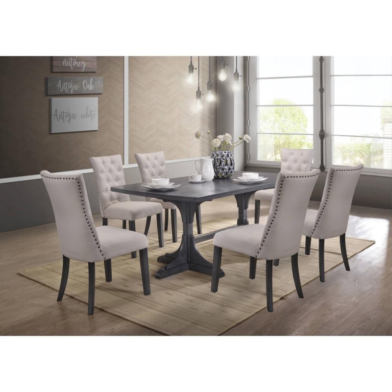 Classic 7Pc Dining Set With Weathered Gray Dining Table, Uph Side Chairs Tufted & Nailhead Trim, Beige
