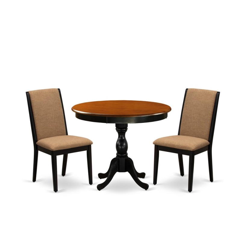 East West Furniture 3-Pc Dining Room Table Set Consists Of A Dining Table And 2 Light Sable Linen Fabric Parsons Chairs With High Back - Black Finish