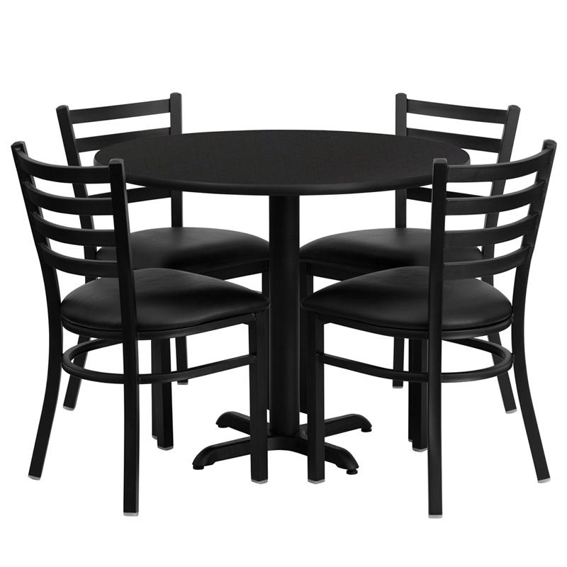 36'' Black Table Set With X-Base And 4 Metal Chairs - Black Vinyl Seat