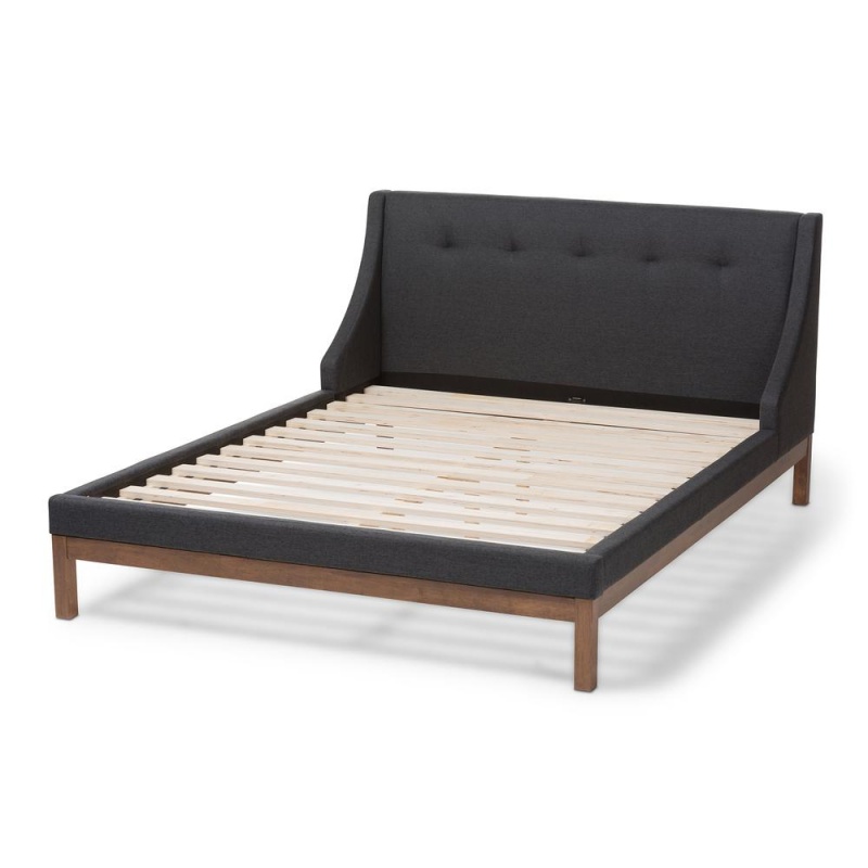 Louvain Modern And Contemporary Dark Grey Fabric Upholstered Walnut-Finished Queen Sized Platform Bed