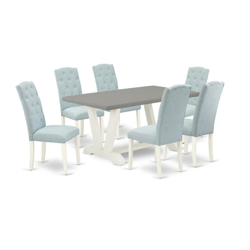 East West Furniture 7-Pc Modern Dining Set- 6 Dining Padded Chairs With Baby Blue Linen Fabric Seat And Button Tufted Chair Back - Rectangular Table Top & Wooden Legs - Cement And Linen White Finish