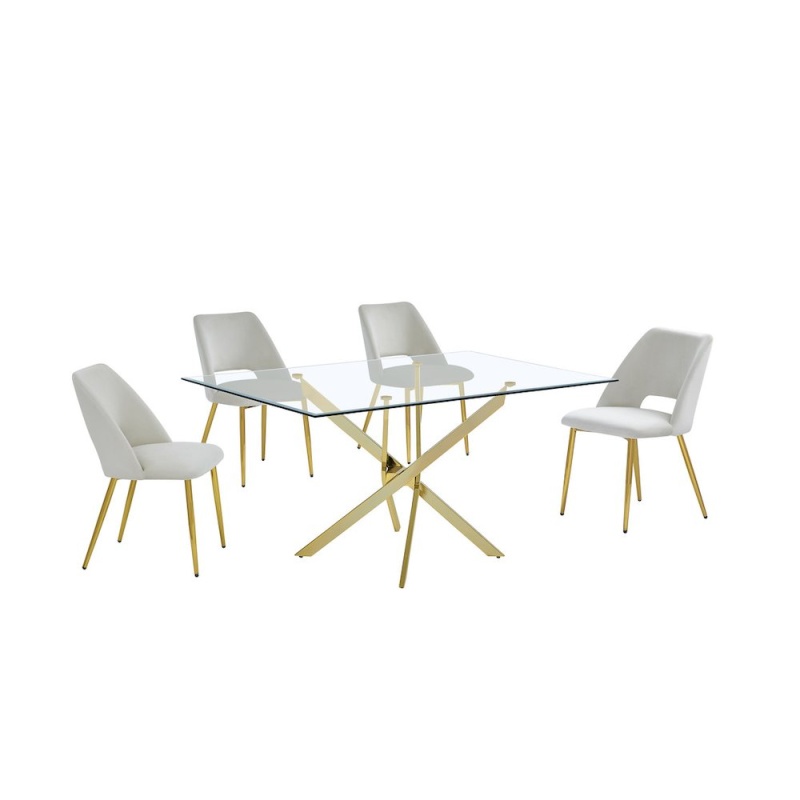 5Pc Dining Set- Rectangle - Table With Cream Velvet Chairs
