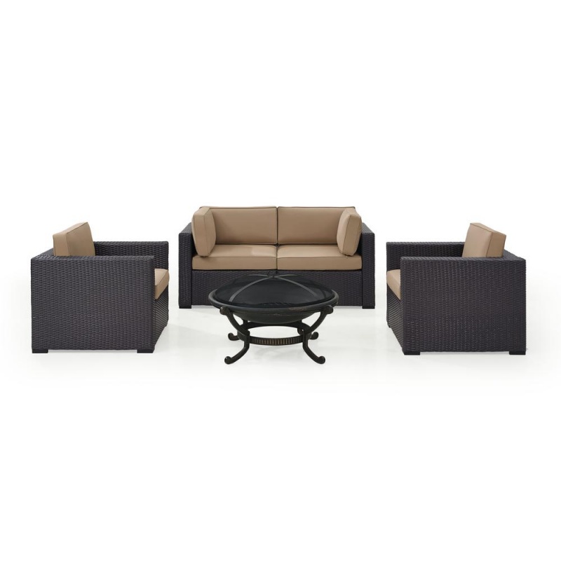 Biscayne 5Pc Outdoor Wicker Sectional Set W/Fire Pit Mocha/Brown - 2 Armchairs, 2 Corner Chair, Ashland Firepit