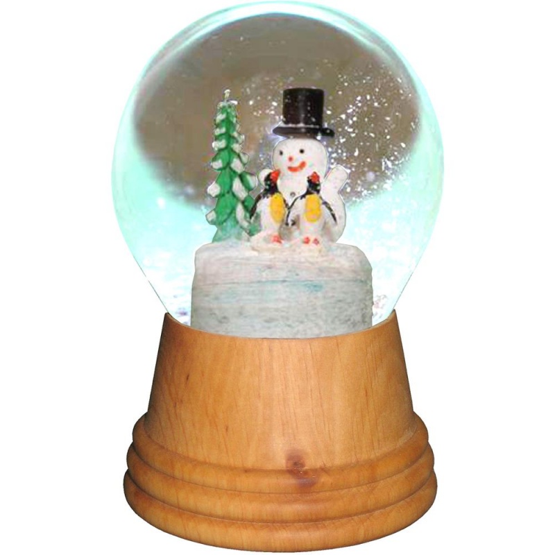 Perzy Snowglobe - Medium Snowman With Penguin With Wooden Base - 5"H X 3.5"W X 3.5"d