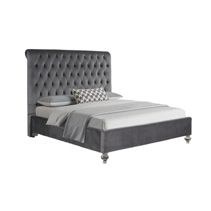 Dark Grey Velvet Uph. Panel Bed With Acrylic Feet - Queen