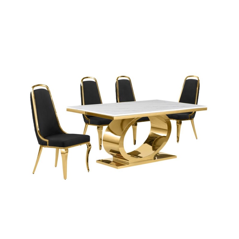 5Pc Small (68") Marble Top Dining Set With Gold Base and 4 Black Side Chairs