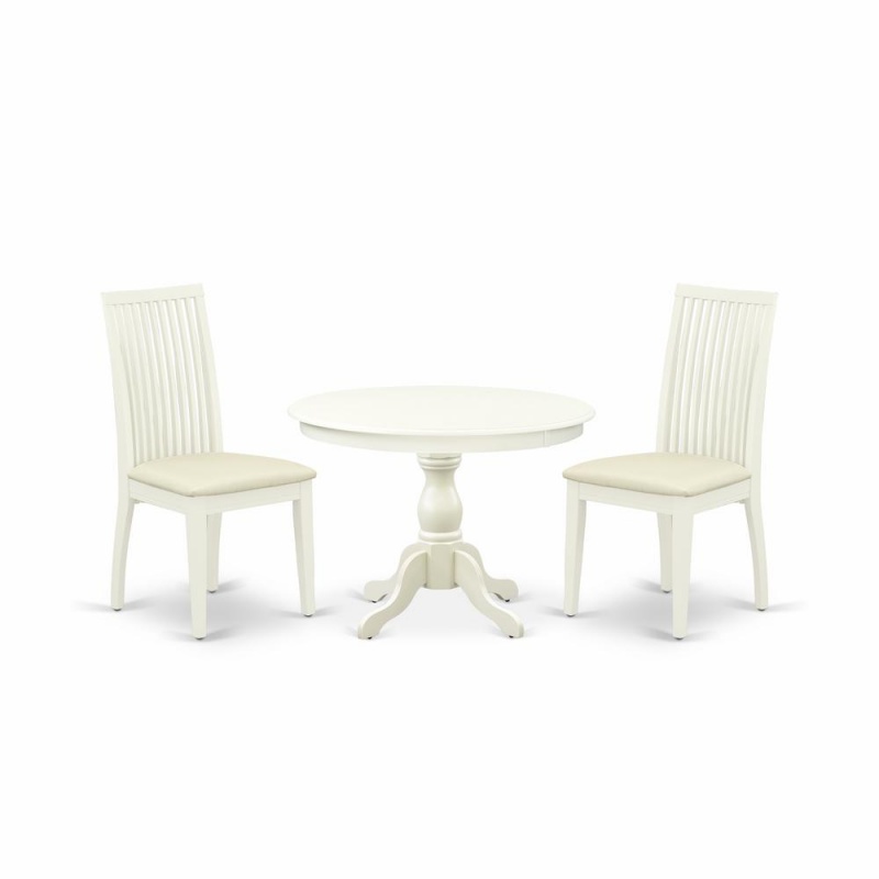 East West Furniture Hbip3-Lwh-C 3 Piece Kitchen Dining Table Set - Linen White Round Dining Table With 2 Linen White Dining Room Chairs With Slatted Back - Linen White Finish