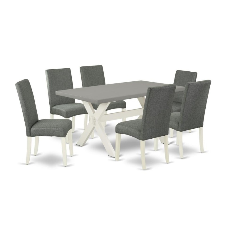 East West Furniture X096dr207-7 7-Pc Modern Dining Table Set - 6 Dining Room Chairs And 1 Modern Rectangular Cement Dining Room Table Top With High Chair Back - Linen White Finish