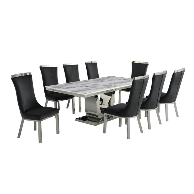 9Pc Dining Set with Rectangle Marble Table and 8 Black Side Chairs