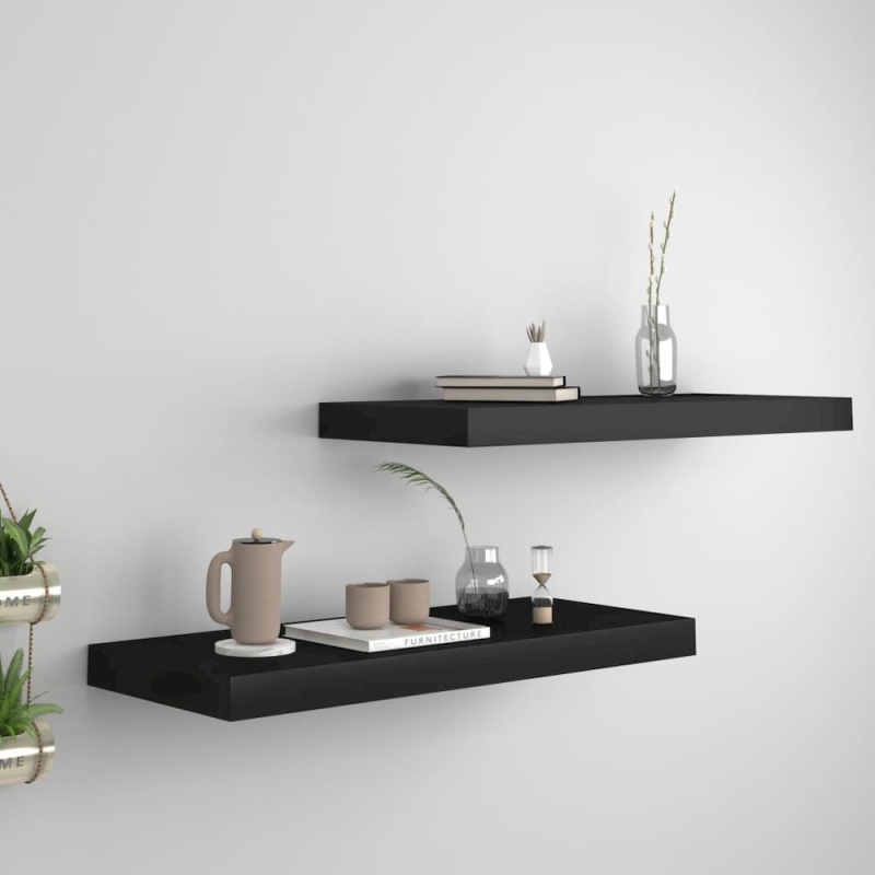 Wall Shelf Set of 2, Black Honeycomb MDF and Metal