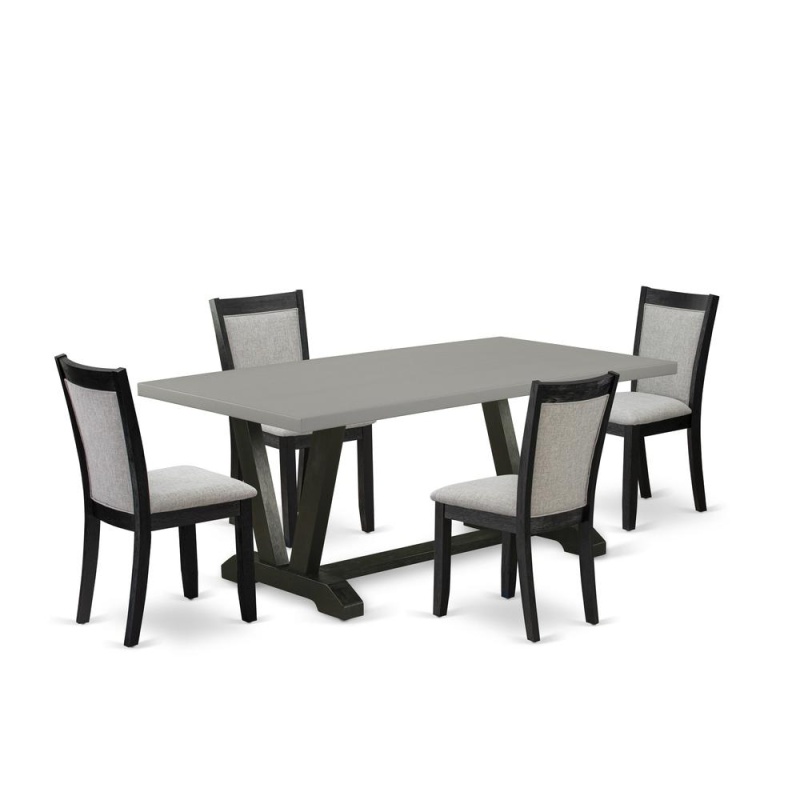 East West Furniture 5 Piece Mid Century Dining Set - Cement Top Wooden Table With Trestle Base And 4 Shitake Linen Fabric Upholstered Dining Chairs - Wire Brushed Black Finish