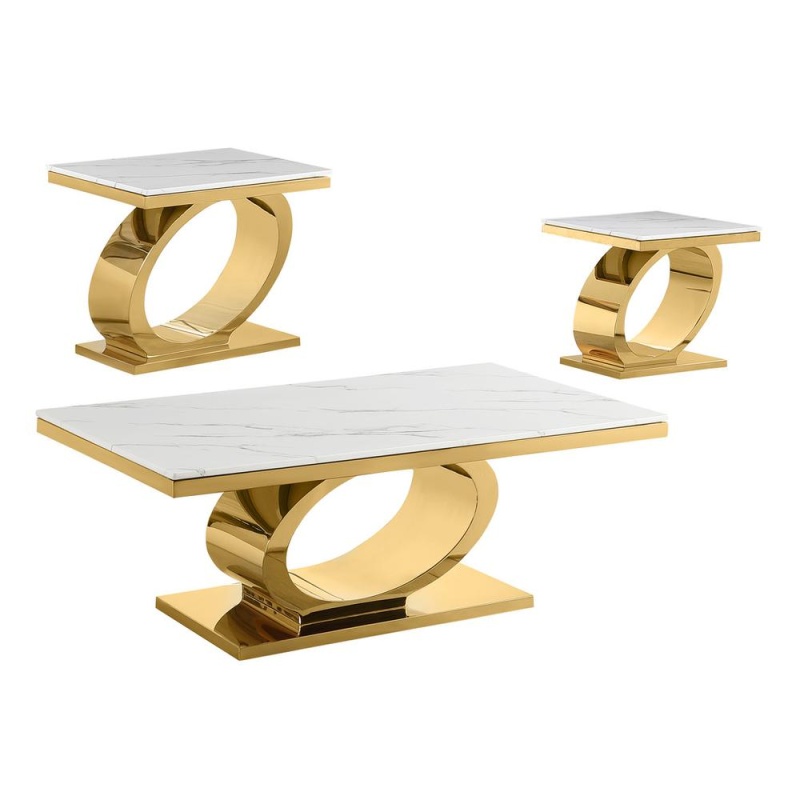 3Pc White Marble Coffee Table Set With Gold Color Base