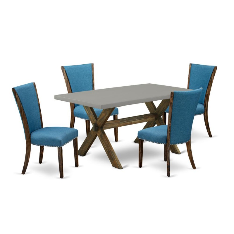 East West Furniture X796ve721-5 5Pc Dining Table Set Offers A Rectangle Table And 4 Parsons Dining Chairs With Blue Color Linen Fabric, Distressed Jacobean And Cement Finish