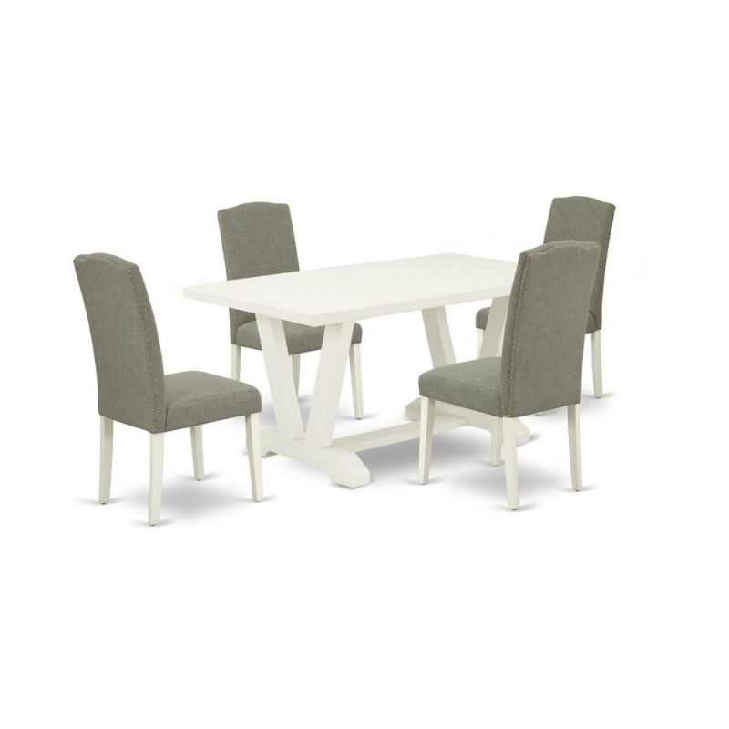 East West Furniture 5-Pc Dining Set Included 4 Dining Chairs Upholstered Nails Head Seat And Stylish Chair Back And Rectangular Dining Room Table With Linen White Kitchen Dining Table Top - Linen Whit