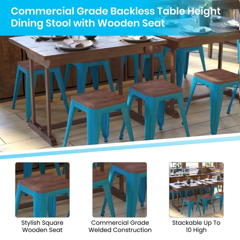 18" Backless Table Height Stool With Wooden Seat, Stackable Teal Metal Indoor Dining Stool, Commercial Grade - Set Of 4