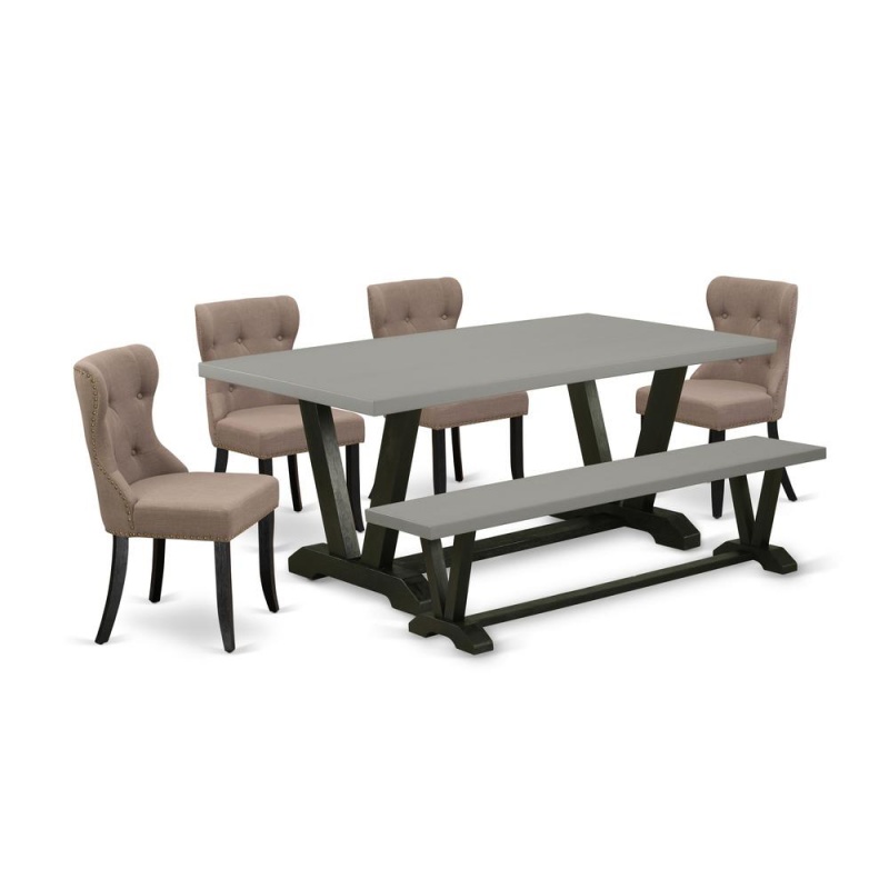 East West Furniture V697si648-6 6-Piece Modern Dining Table Set- 4 Kitchen Chairs With Coffee Linen Fabric Seat And Button Tufted Chair Back - Rectangular Top & Wooden Legs Kitchen Table And Wooden Di