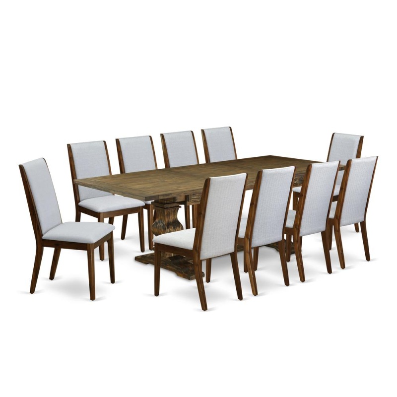 11-Piece Dining Set with 10 Grey Linen Chairs