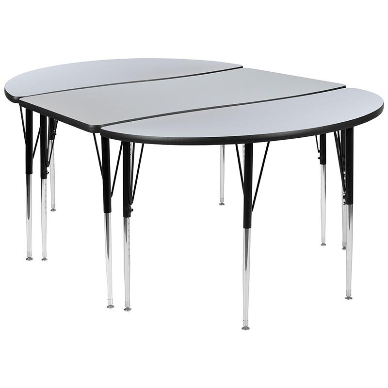 3 Piece 76" Oval Wave Collaborative Grey Thermal Laminate Activity Table Set - Standard Height Adjustable Legs