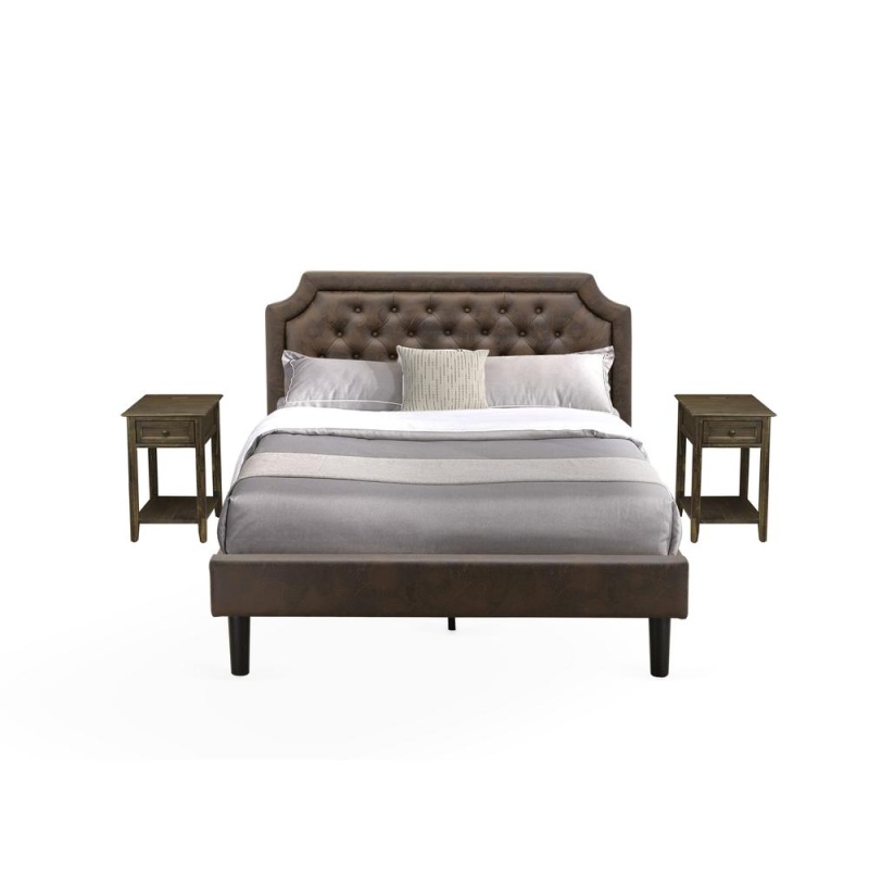 Gb25q-2De07 3-Pc Granbury Bed Set With Wood Bed And 2 Distressed Jacobean Night Stands - Dark Brown Faux Leather And Black Legs