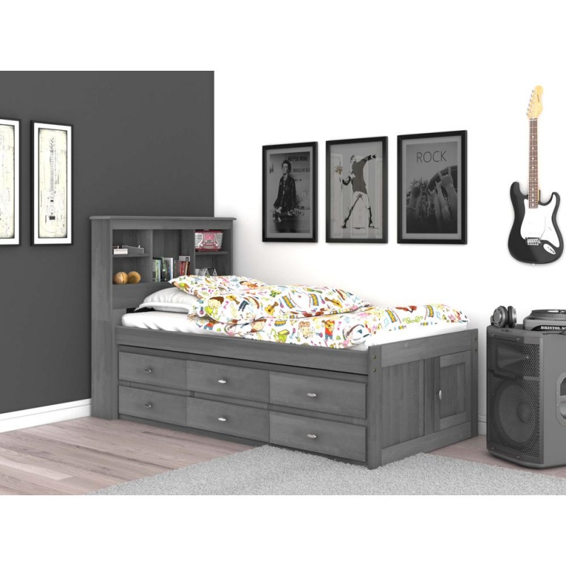 Os Home And Office Furniture Model Solid Pine Twin Captains Bookcase Bed With 6 Drawers In Charcoal Gray