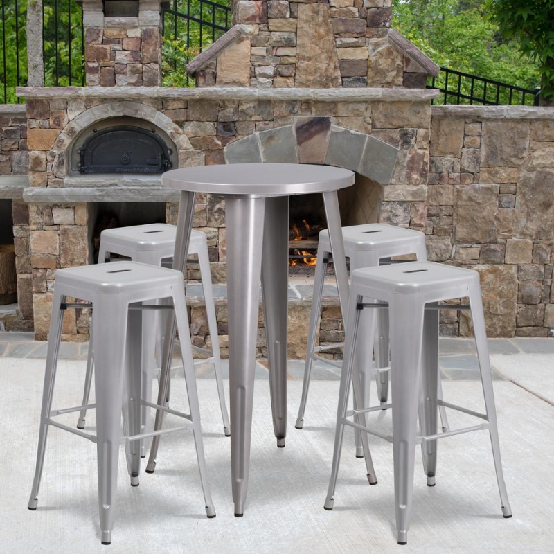 24'' Round Silver Metal In-Outdoor Bar Table Set-4 Square Seat Backless Stools
