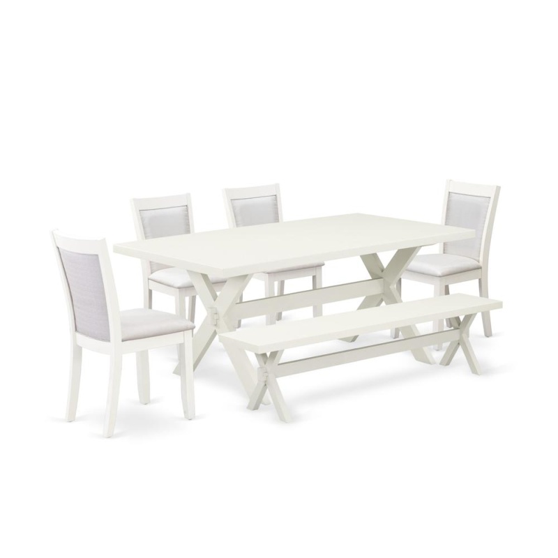 X027mz001-6 6-Piece Dining Set Includes A Dining Table - 4 Cream Dining Chairs And A Wood Bench - Wire Brushed Linen White Finish