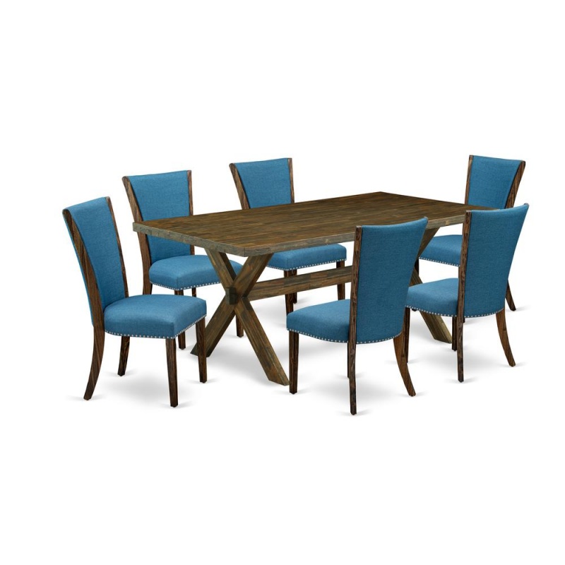 7-Piece Rectangle Dining Table Set with 6 Blue Linen Parsons Chairs