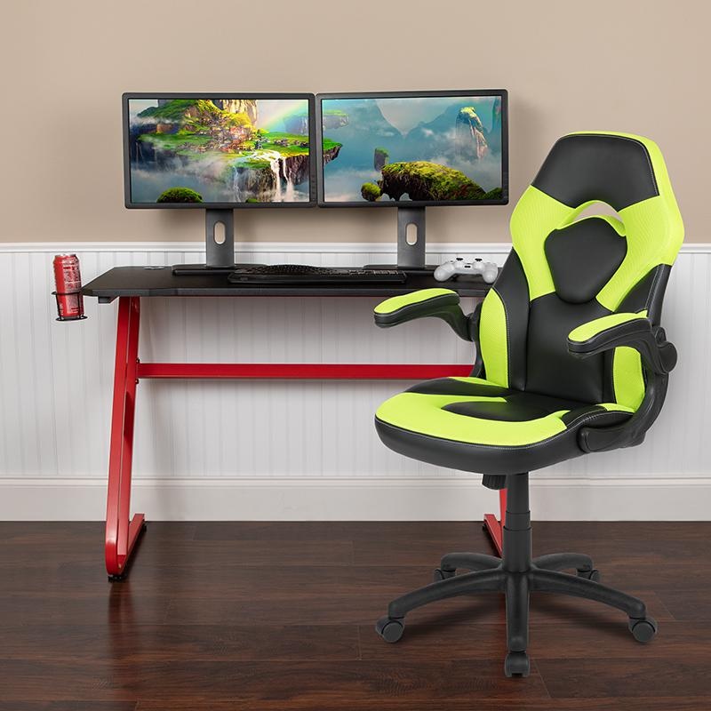 Red Gaming Desk And Green/Black Racing Chair Set With Cup Holder And Headphone Hook