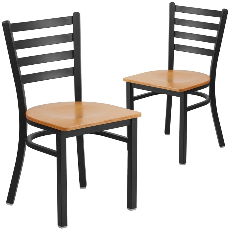2 Pack Black Ladder Back Metal Restaurant Chair with Natural Wood Seat