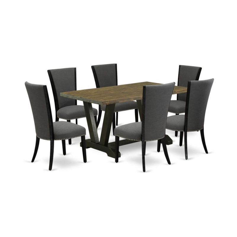 East West Furniture 7 Piece Dining Set Contains A Distressed Jacobean Wooden Dining Table And 6 Dark Gotham Grey Linen Fabric Dining Chairs With High Back - Wire Brushed Black Finish