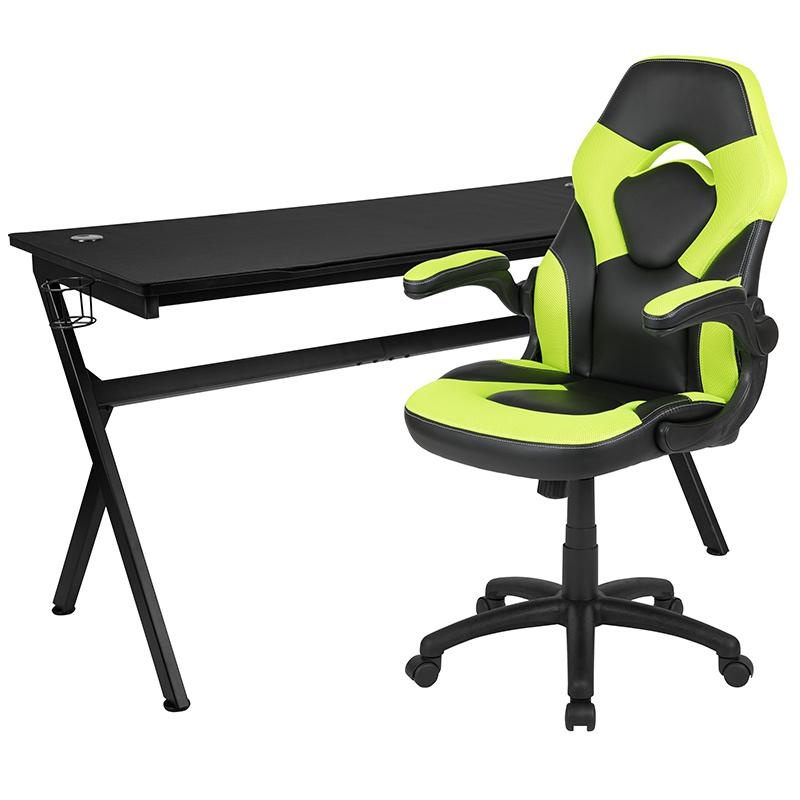 Gaming Desk And Green/Black Racing Chair Set /Cup Holder/Headphone Hook/Removable Mouse Pad Top - 2 Wire Management Holes