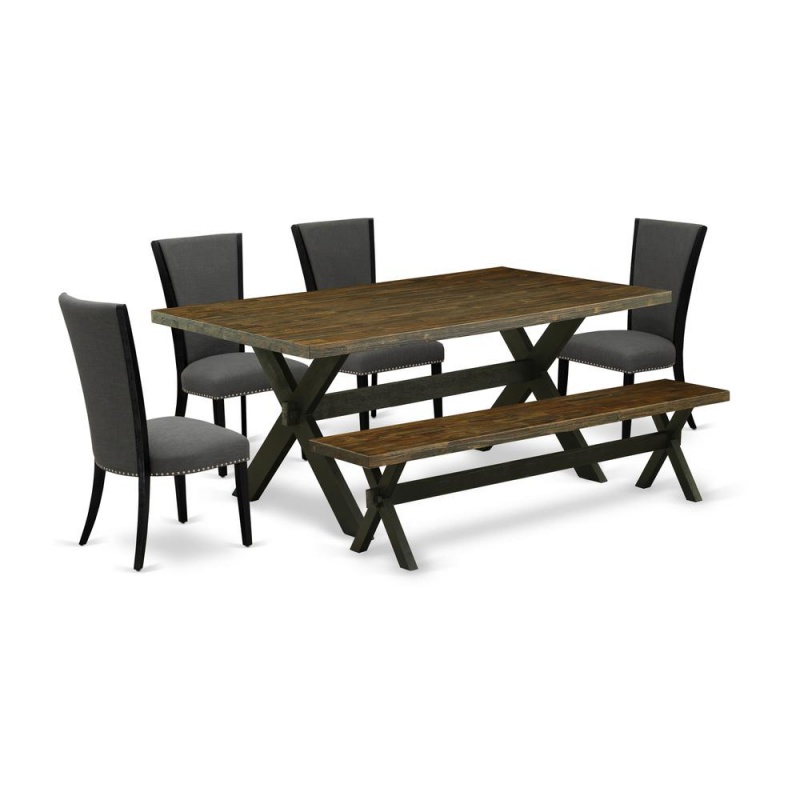East West Furniture X677ve650-6 6 Piece Dining Set - 4 Dark Gotham Grey Linen Fabric Dining Room Chairs With Nailheads And Distressed Jacobean Dinner Table - 1 Wood Bench - Black Finish