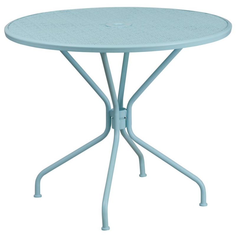 Commercial Grade 35.25" Round Sky Blue Indoor-Outdoor Steel Patio Table Set With 4 Round Back Chairs