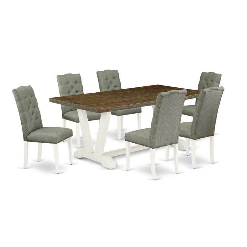 East West Furniture V077el207-7 7-Piece Kitchen Dining Set- 6 Dining Room Chairs With Smoke Linen Fabric Seat And Button Tufted Chair Back - Rectangular Table Top & Wooden Legs - Distressed Jacobean a