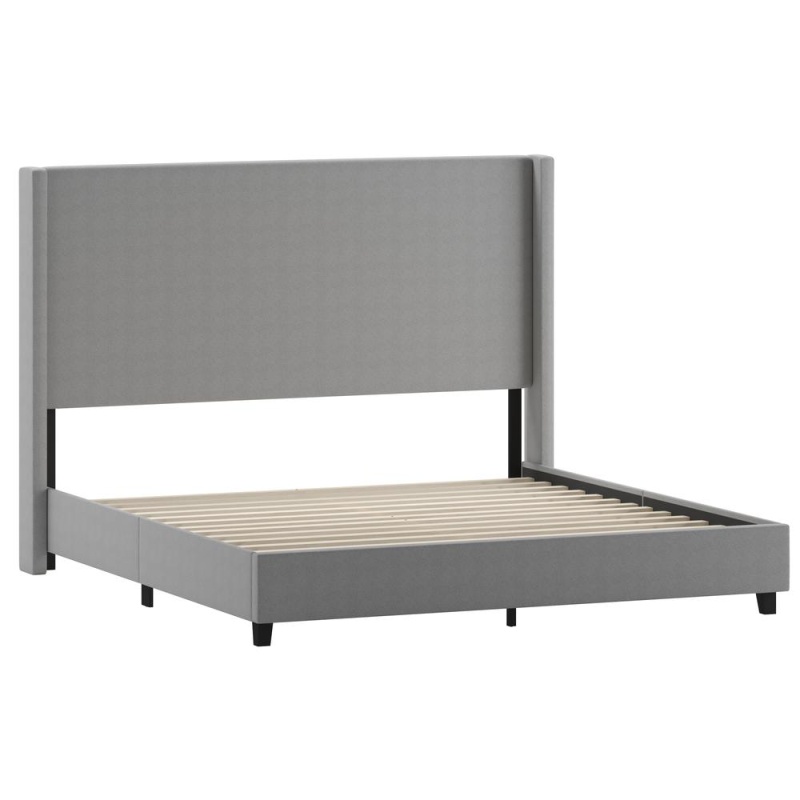 King Upholstered Platform Bed With Channel Stitched Wingback Headboard, Gray