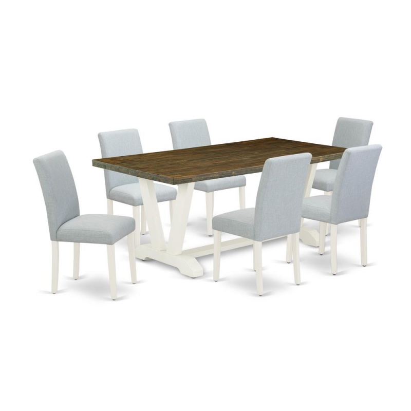 East West Furniture 7-Pc Kitchen Dining Table Set Includes 6 Dining Chairs With Upholstered Seat And High Back And A Rectangular Modern Kitchen Table - Linen White Finish