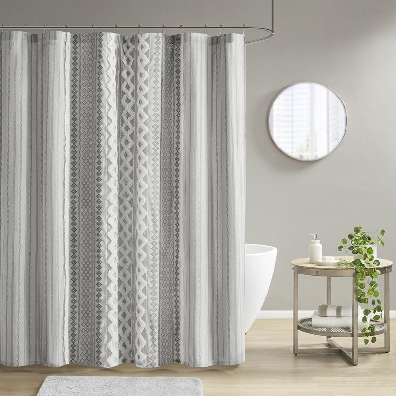 100% Cotton Printed Shower Curtain With Chenille, Gray