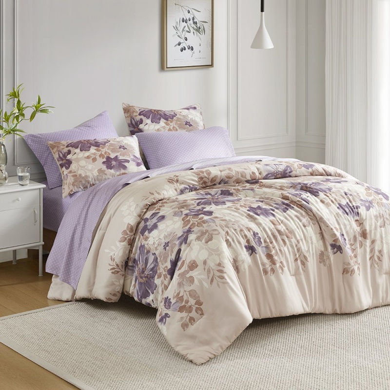 Luna Floral Comforter Set With Bed Sheets, Taupe Color