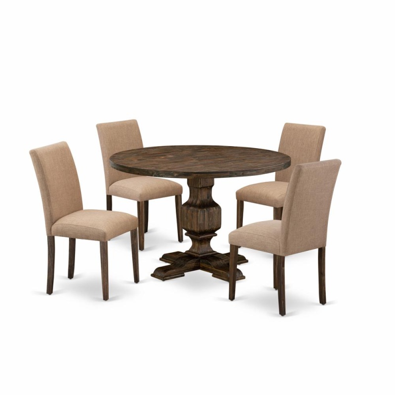 East West Furniture 5 Piece Mid Century Modern Dining Set Includes A Dining Table And 4 Light Sable Linen Fabric Dining Chairs With High Back - Distressed Jacobean Finish