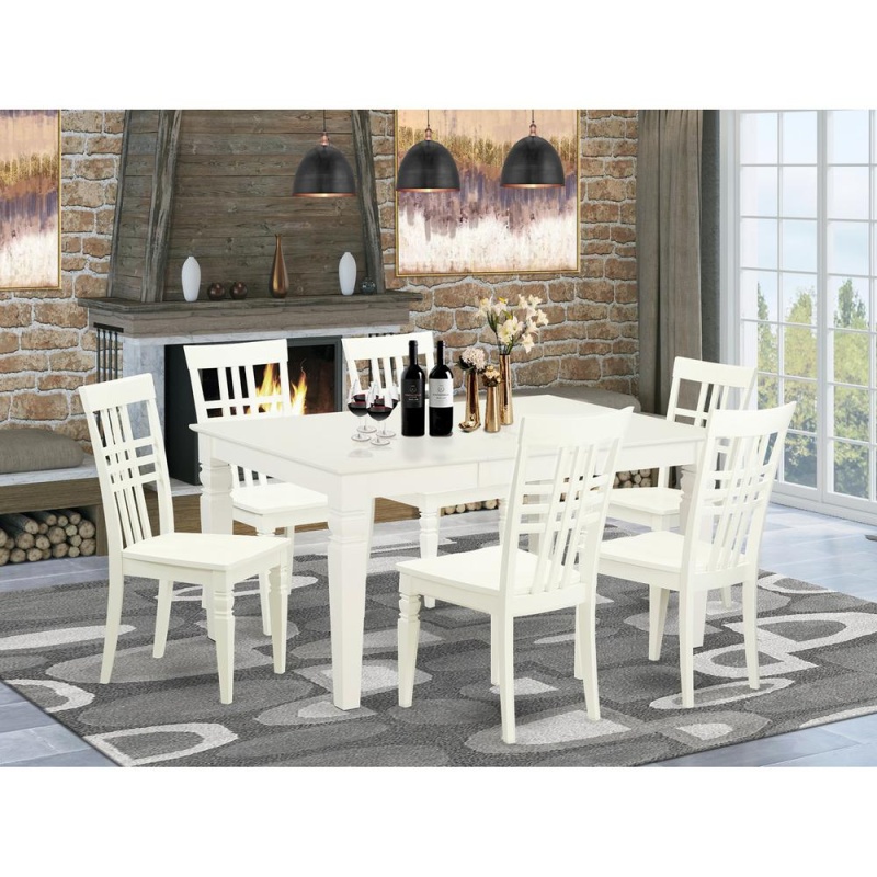 7 Pc Rectangular Kitchen Table And 6 Wood Chairs For Dining Room In Linen White