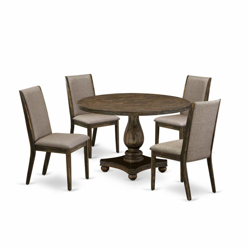 East West Furniture 5 Piece Dining Room Set Contains A Modern Kitchen Table And 4 Dark Khaki Linen Fabric Mid Century Dining Chairs With High Back - Distressed Jacobean Finish