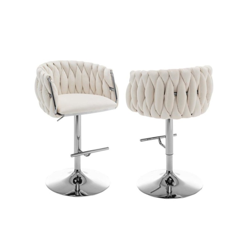Velvet Upholstered Barstool in Cream, Set of 2