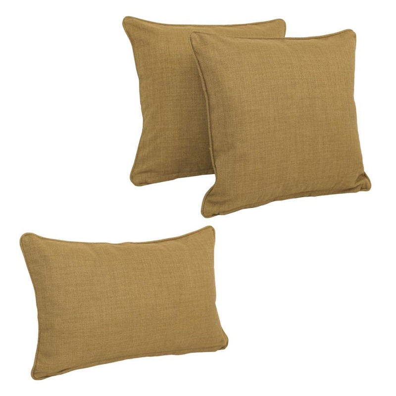 Double-Corded Solid Outdoor Spun Polyester Throw Pillows With Inserts (Set Of 3), Wheat