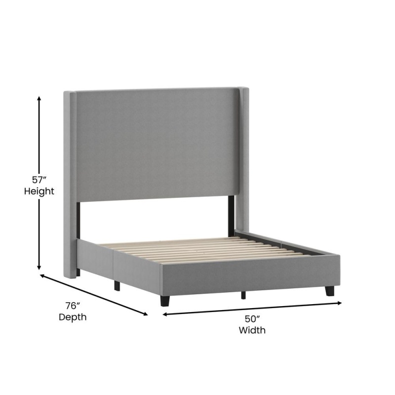 Quinn Full Upholstered Platform Bed With Channel Stitched Wingback Headboard, Mattress Foundation With Slatted Supports, No Box Spring Needed, Gray